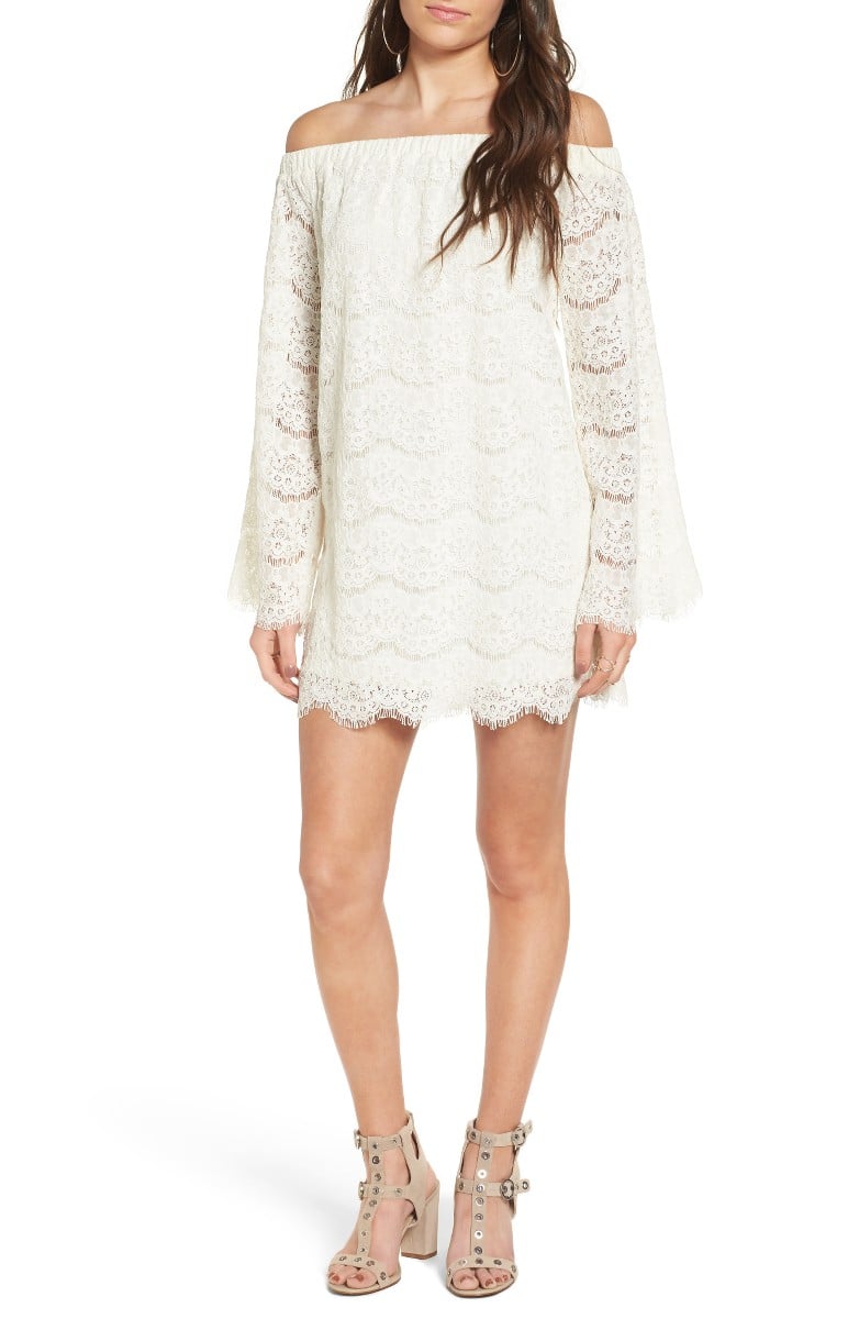 LOVE, FIRE Off the Shoulder Lace Shift Dress Bell Sleeves Ivory white off the shoulder dresses summer 2017