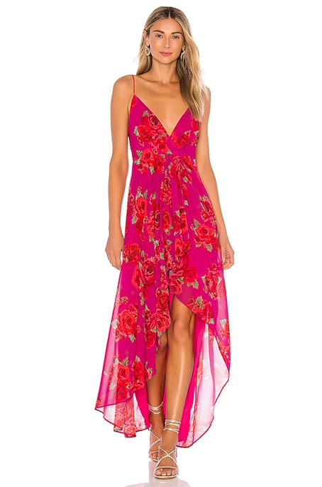LPA Hilda Dress Raquel Floral Print Pink Red maxi dresses high low hem wedding guest