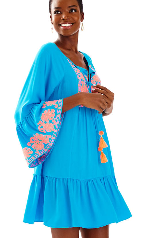 Lilly Pulitzer AMISA TUNIC DRESS Bell Sleeves Sparkling Blue casual embroidered dresses summer 2017