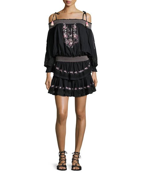 Loveshackfancy Cold-Shoulder Embroidered Ruffle Mini Dress Black 