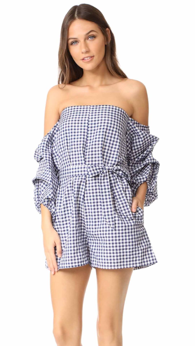 MLM LABEL Pillar Off The Shoulder Romper Navy White Gingham rompers spring 2017