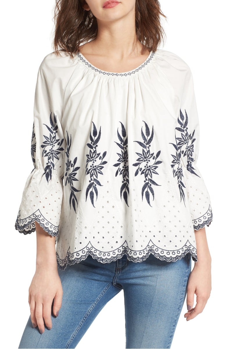 MOON RIVER Embroidered Scalloped Hem Top White Navy Eyelet tops under $100