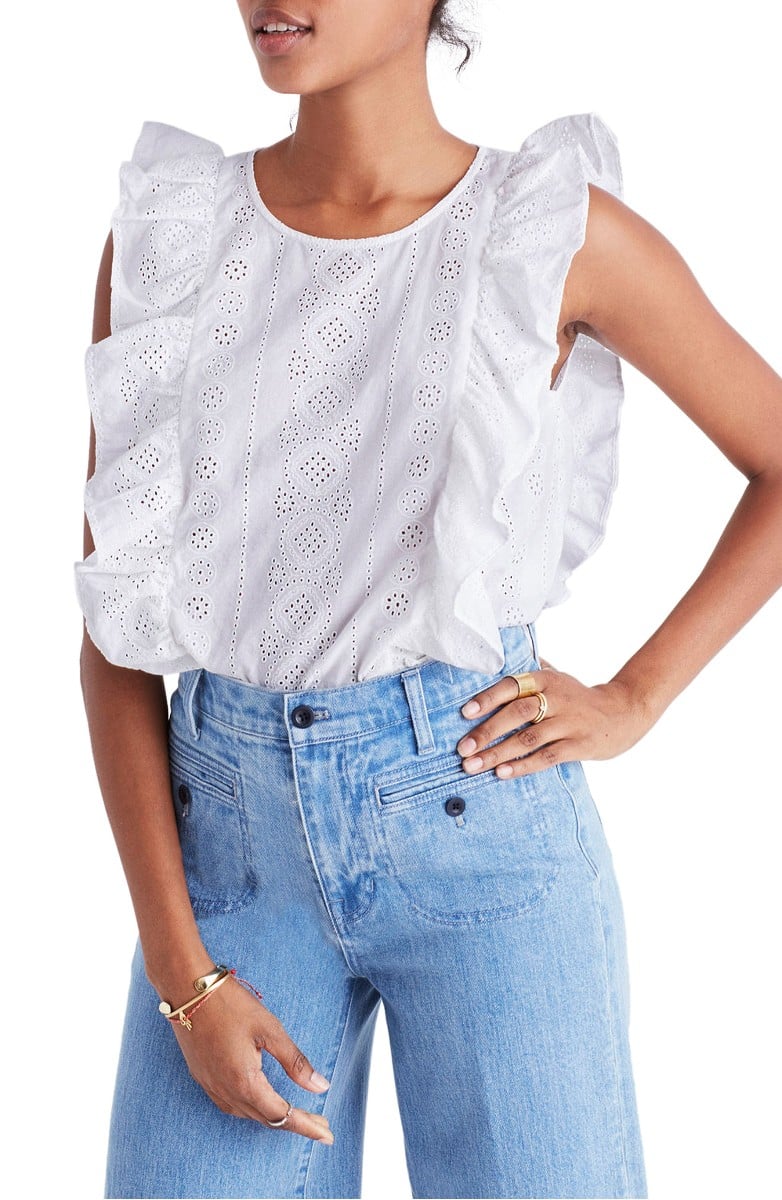 Madewell Bellflower Eyelet Ruffle Tank Eyelet White eyelet tops under $100