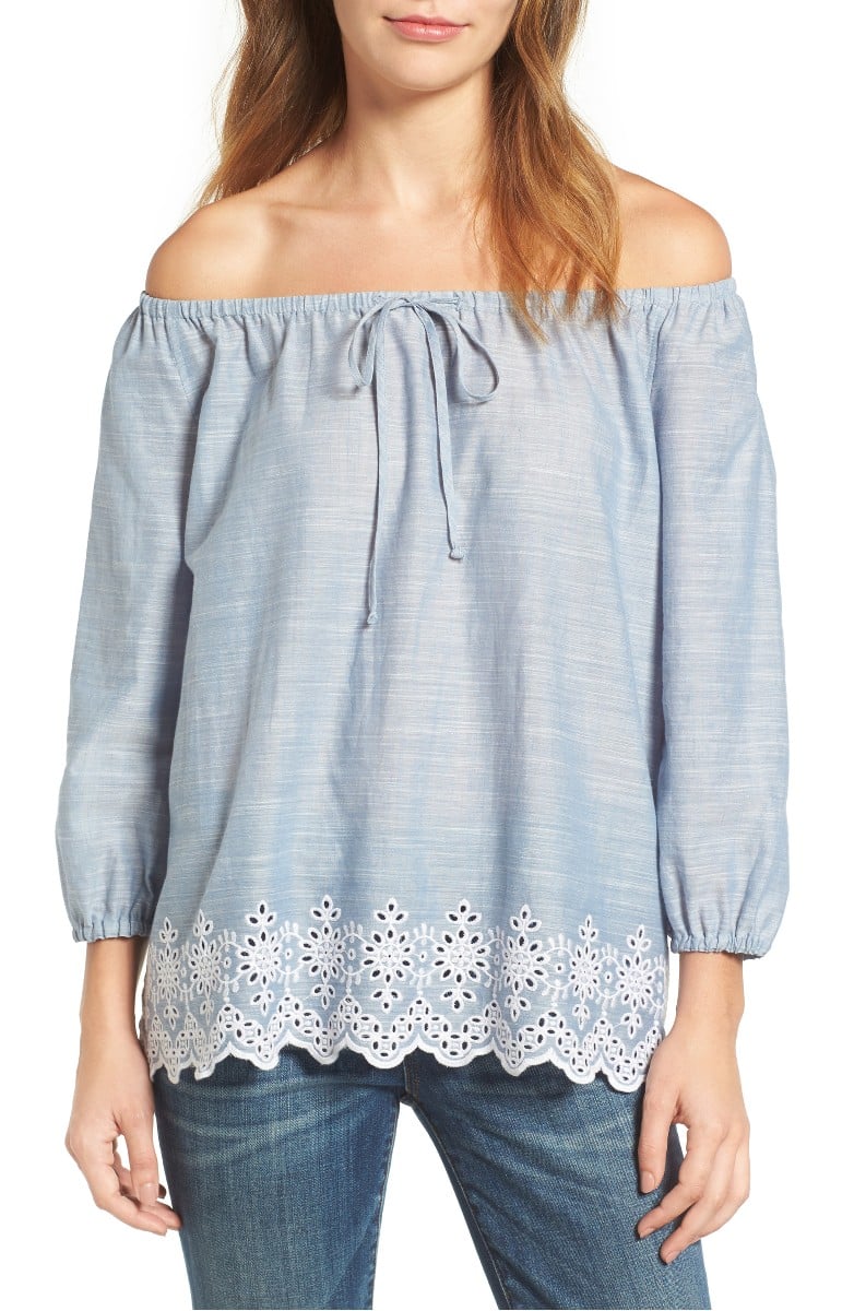 NYDJ Eyelet Embroidered Off the Shoulder Top Matisse Blue eyelet tops under $100