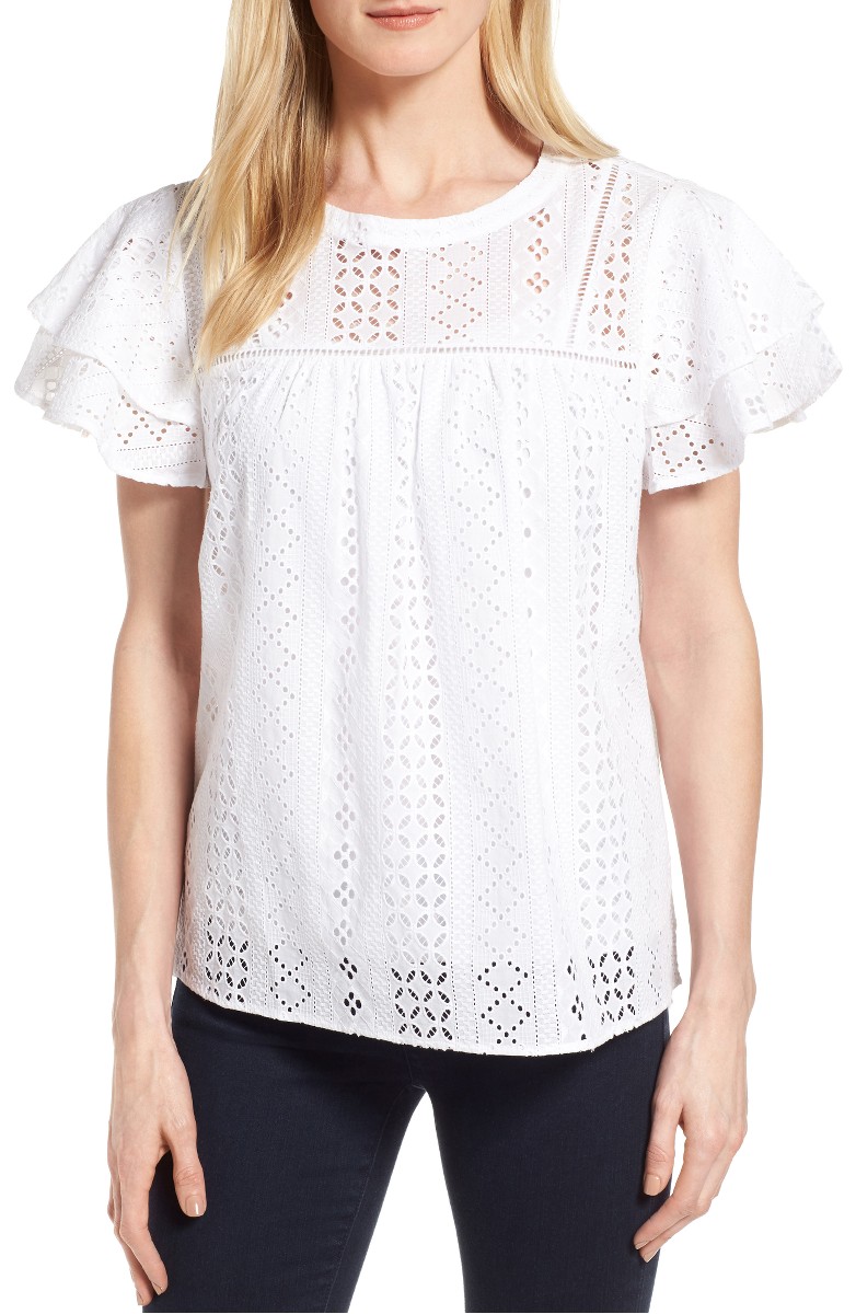 PLEIONE Flutter Sleeve Eyelet Cotton Top White eyelet tops under $100