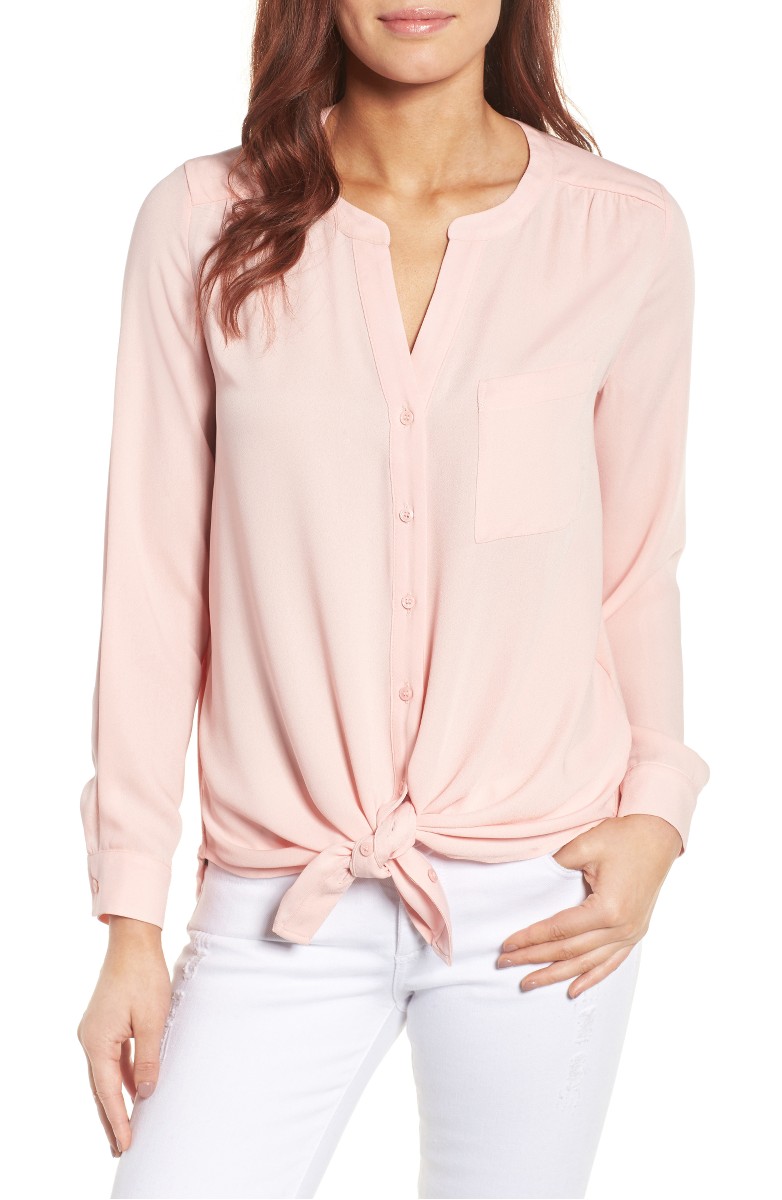 PLEIONE Mixed Media Tie Front Top Pink Blossom Nordstrom half yearly sale