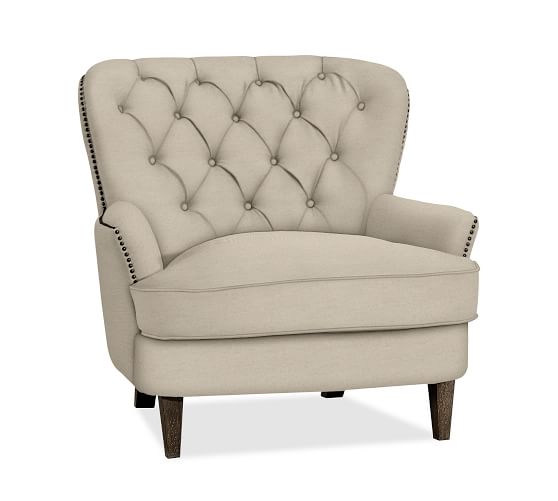 Pottery Barn CARDIFF TUFTED ARMCHAIR Linen Oatmeal Nailhead Trim pottery barn premier sale