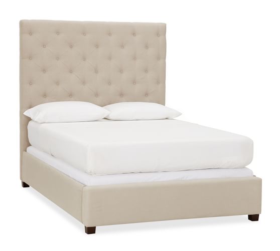 Pottery Barn LORRAINE TUFTED TALL BED & HEADBOARD linen oatmeal pottery barn premier sale