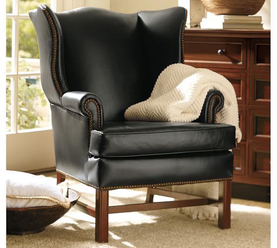 Pottery Barn THATCHER LEATHER WINGBACK CHAIR Black Nailhead Trim pottery barn premier event sale