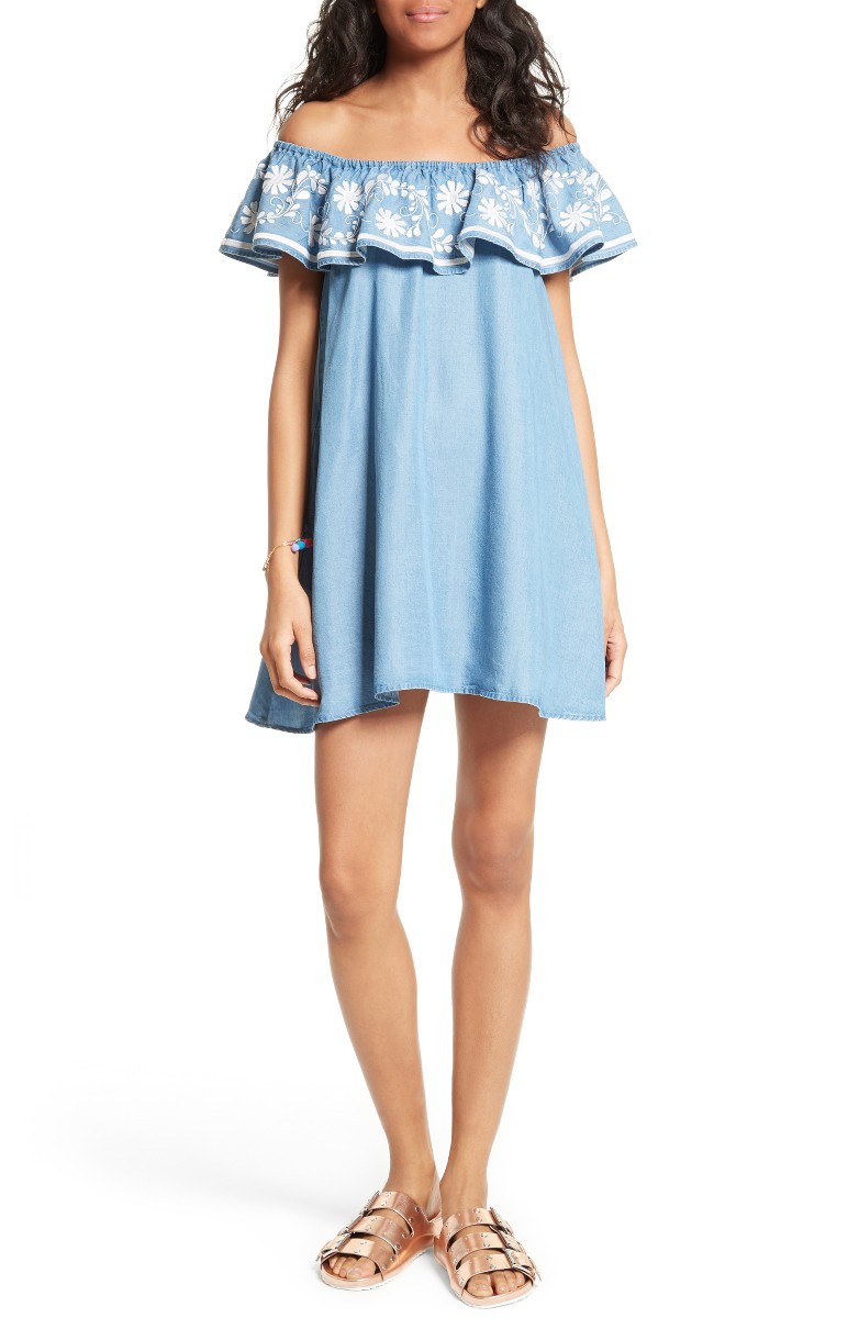 REBECCA MINKOFF Dev Off the Shoulder Minidress Light Blue casual embroidered dresses summer 2017