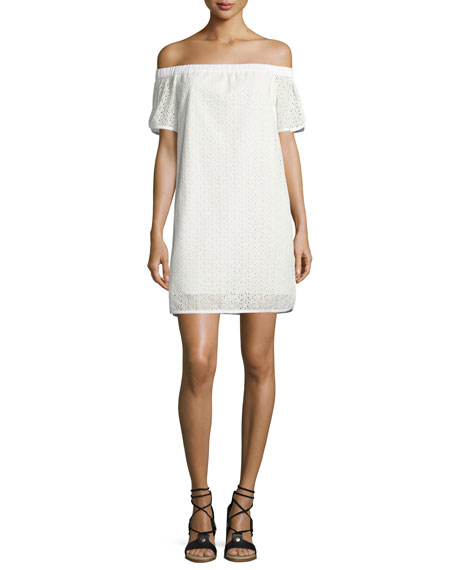Rag & Bone Flavia Eyelet Lace Off-the-Shoulder Shift Dress White  off the shoulder dresses summer 2017