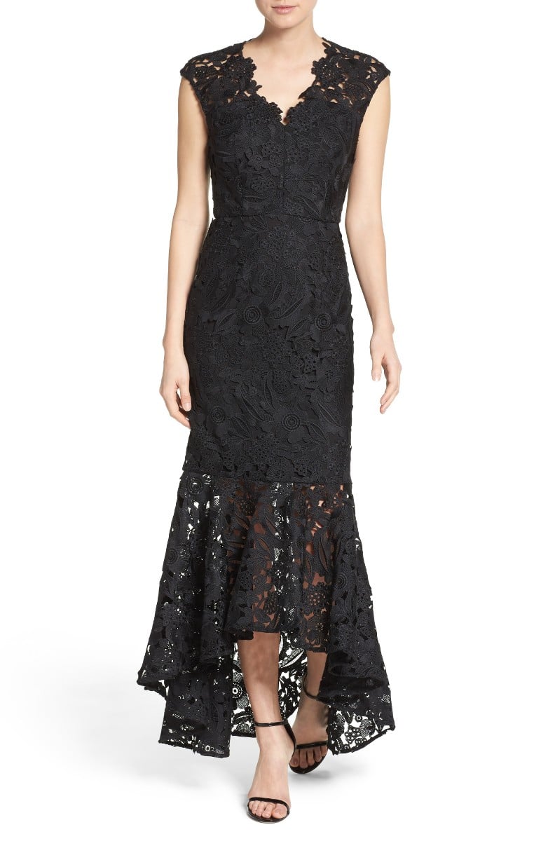SHOSHANNA Evangelina High/Low Lace Gown Jet Black ruffle hem dresses summer wedding guest