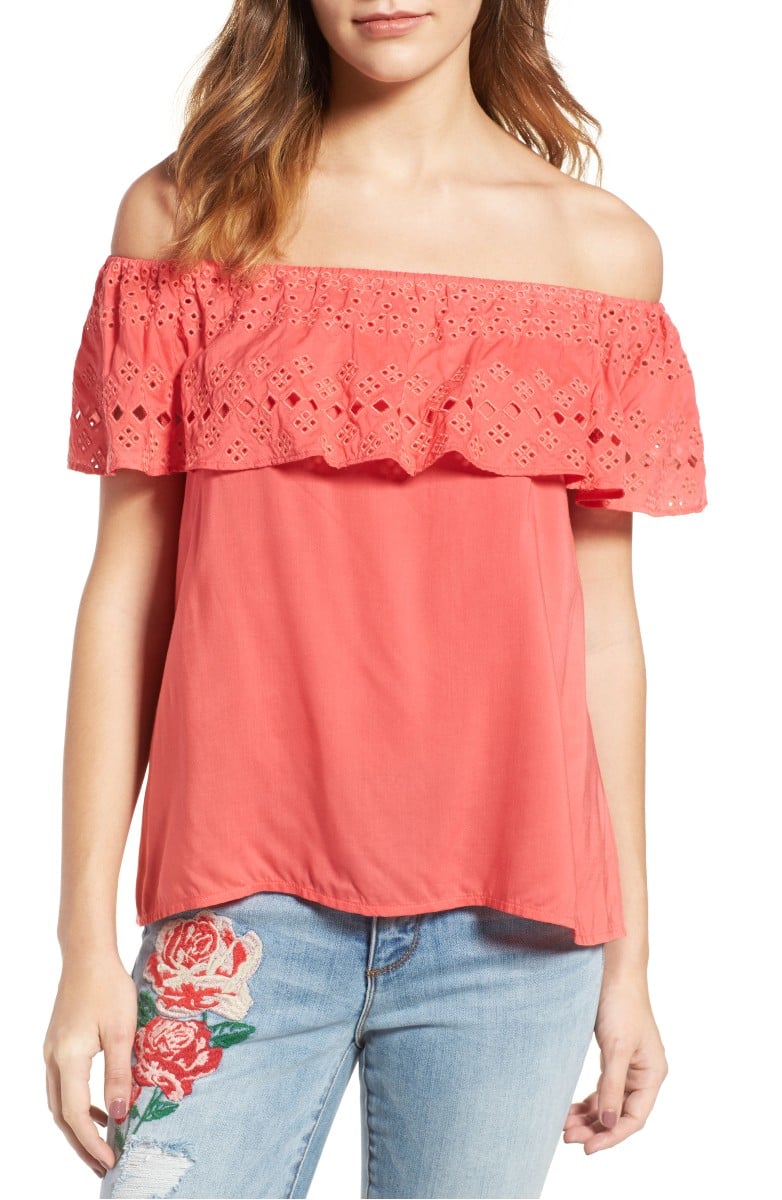Sanctuary Misha Eyelet Embroidered Off the Shoulder Top Mozambique eyelet tops under $100