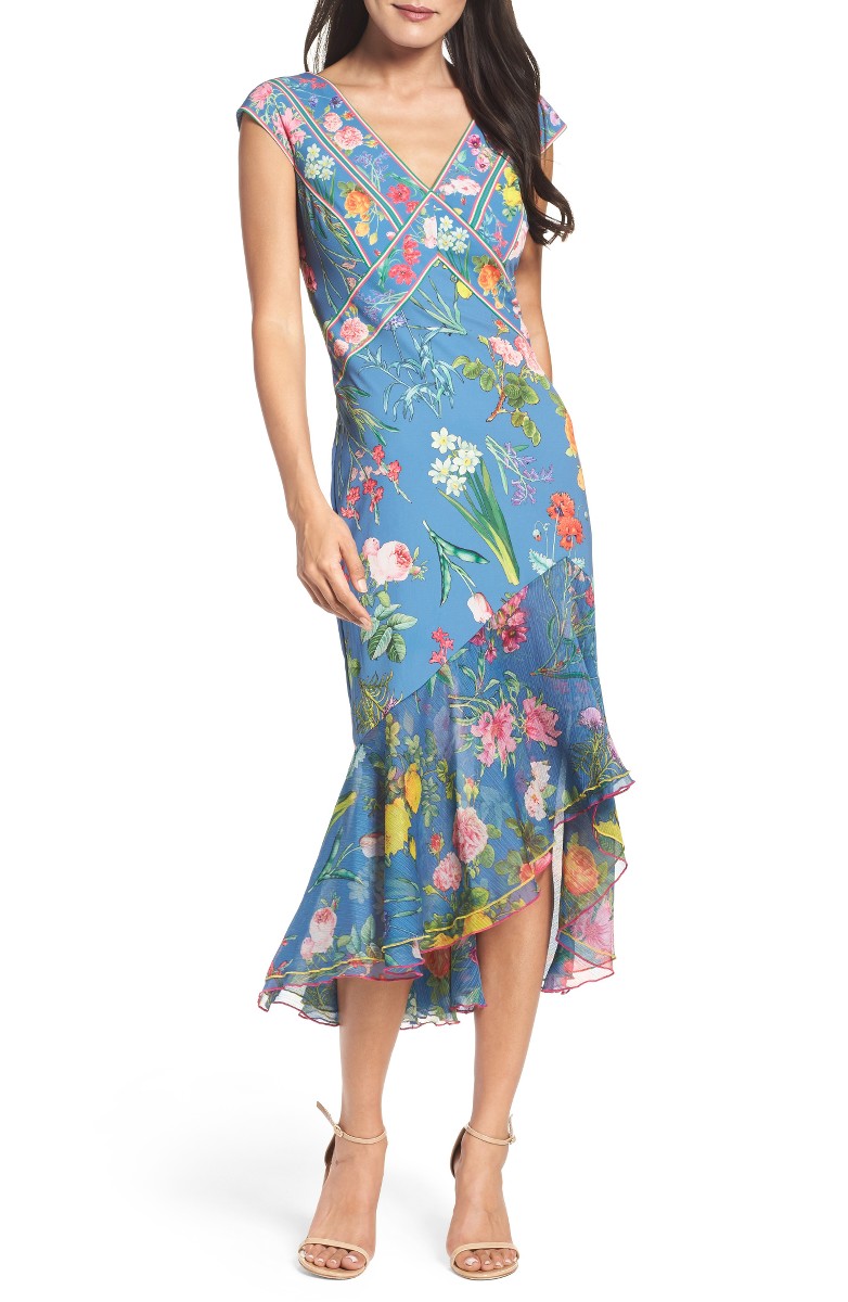 TADASHI SHOJI Clara Floral Midi Dress Cadet Blue Flor ruffle hem dresses summer wedding guest 