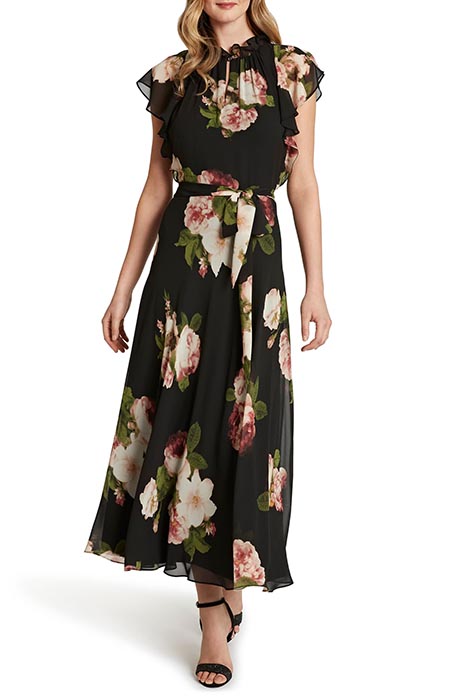 TAHARI Ruffle Sleeve Printed Chiffon Maxi Dress Black Rose Floral wedding guest maxi dresses