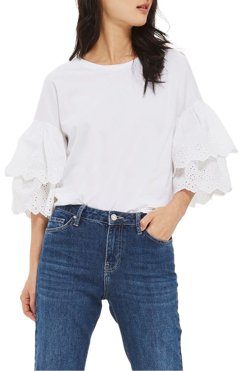 TOPSHOP Eyelet Layer Sleeve Tee T-Shirt White eyelet tops under $100