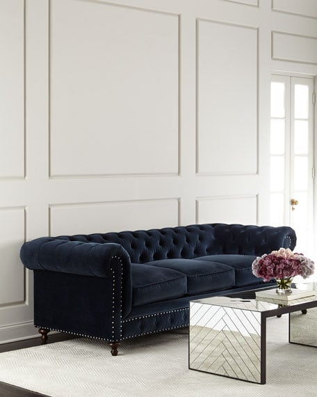Tia 3-Cushion Chesterfield Tufted Sofa Navy Blue Velvet Nailhead Trim neiman marcus home sale