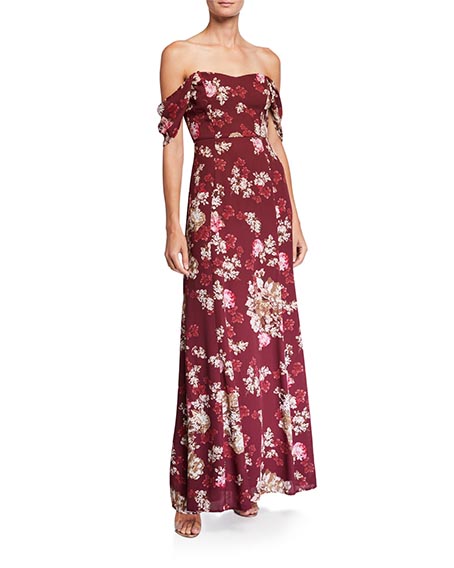 WAYF The Rachel Floral Off-the-Shoulder Gored Maxi Gown Cabernet Floral Print maxi dresses wedding guest
