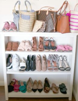Fashion and lifestyle blogger Candace Rose Anderson shows how to organize Nike sneakers, Rag & Bone ankle boots, wedge sandals, bow sandals, flat sandals, Valentino Rockstud ballet flats, Tory Burch Reva flats and more on her Pottery Barn Kids Cameron 3-Shelf Bookcase in Simply white candieanderson blog
