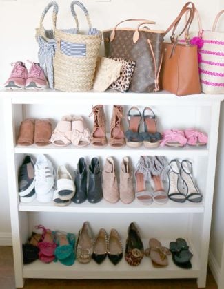 Fashion and lifestyle blogger Candace Rose Anderson shows how to organize Nike sneakers, Rag & Bone ankle boots, wedge sandals, bow sandals, flat sandals, Valentino Rockstud ballet flats, Tory Burch Reva flats and more on her Pottery Barn Kids Cameron 3-Shelf Bookcase in Simply white candieanderson blog