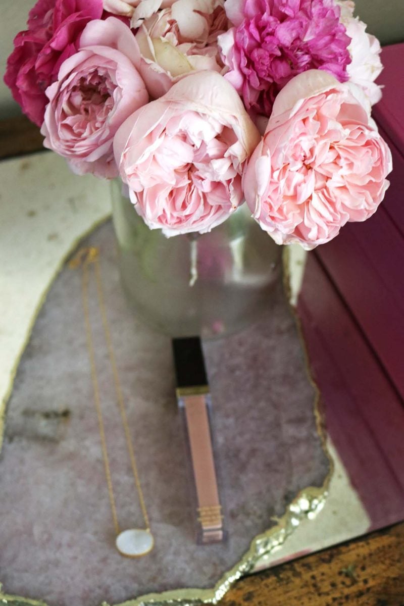 Beautiful rosecandi garden roses, crown jewelry druzy necklace, tom ford lip gloss, agate tray