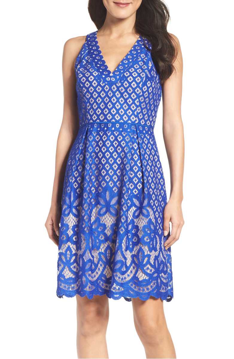 ADRIANNA PAPELL Floral Lace Fit & Flare Dress Ultra Marine Bisque Crochet dresses summer 2017