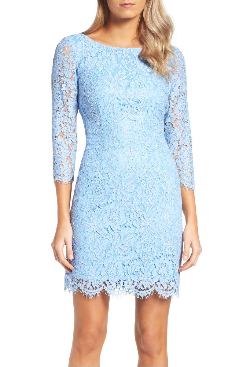 ADRIANNA PAPELL Metallic Lace Minidress Echo Blue summer wedding guest