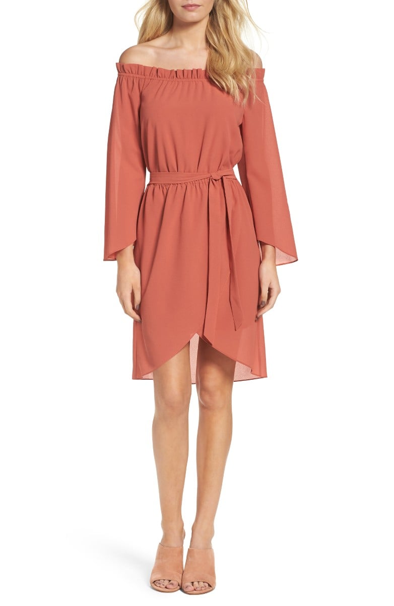 ALI & JAY Get Me to the Greek Off the Shoulder Dress Terracotta off the shoulder dresses summer wedding guest