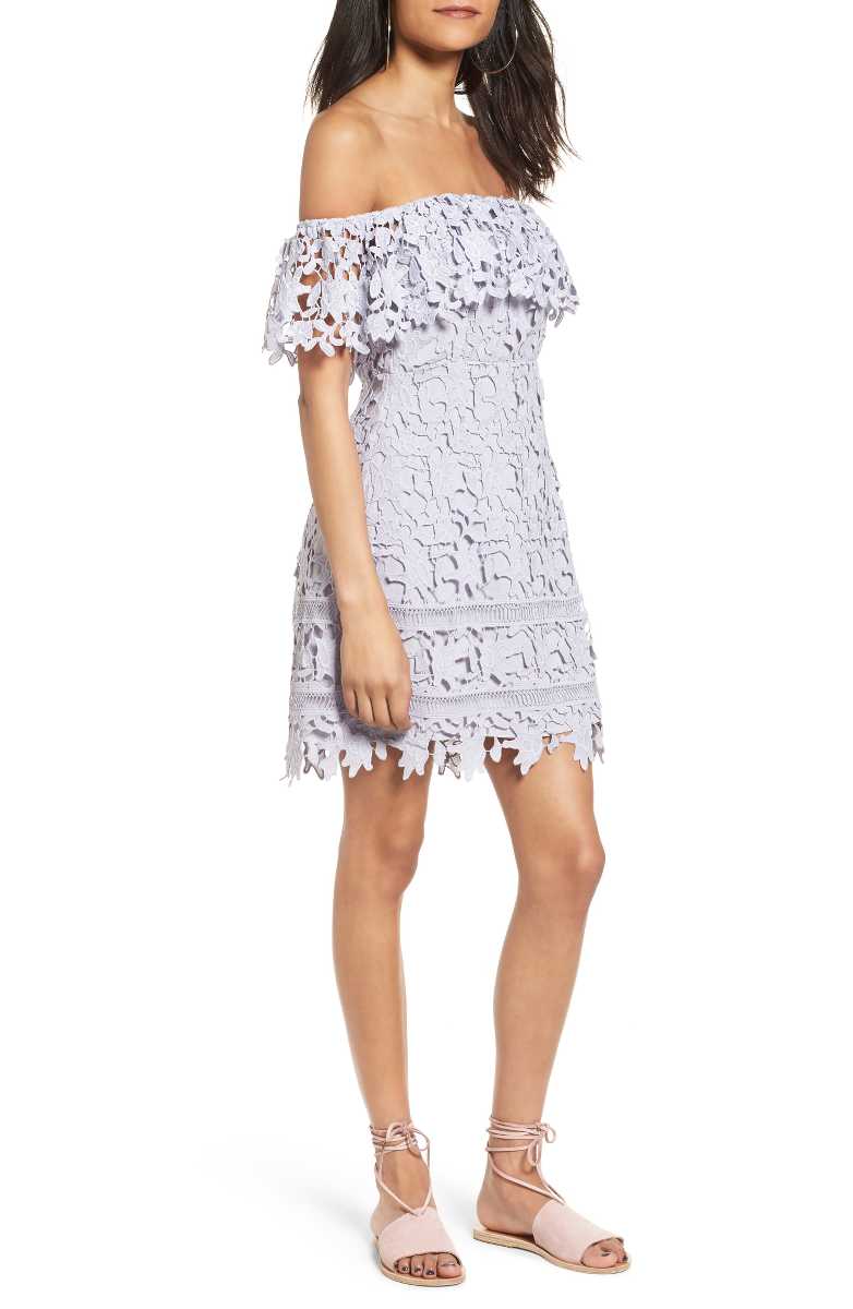ASTR THE LABEL Off the Shoulder Lace Minidress Lilac lace bodycon dresses summer wedding guest