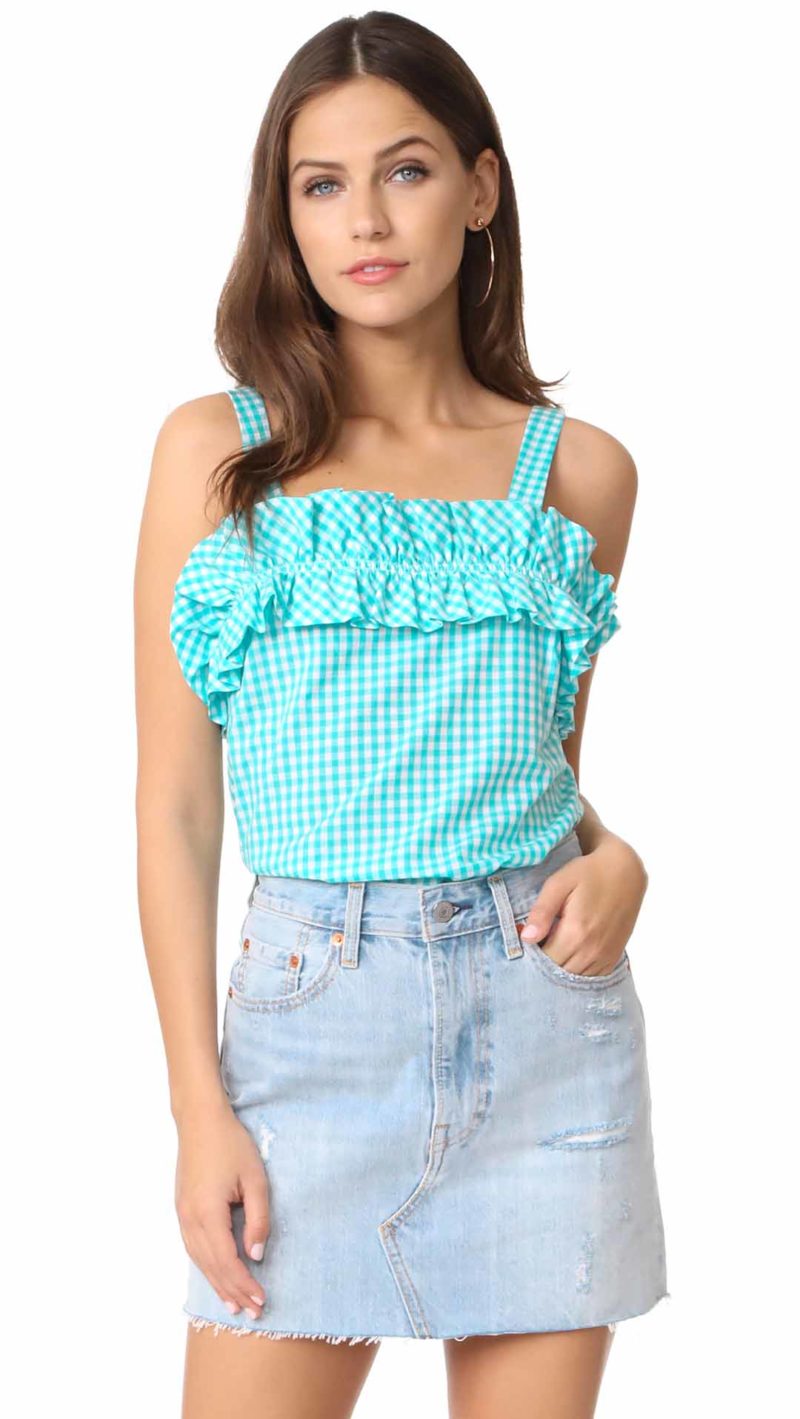 Amanda Uprichard Cynthia Top Teal Gingham tops summer 2017