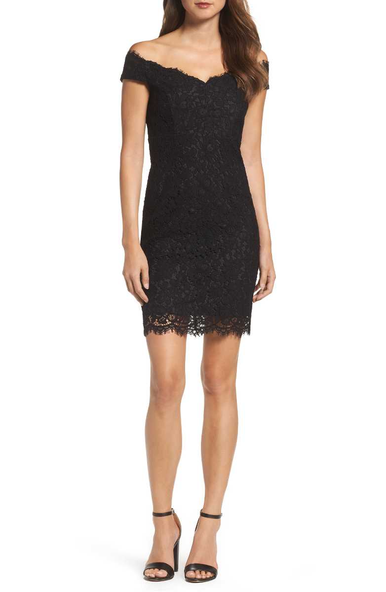 BARDOT Tara Off the Shoulder Lace Dress Black wedding guest summer lace bodycon dresses summer wedding guest