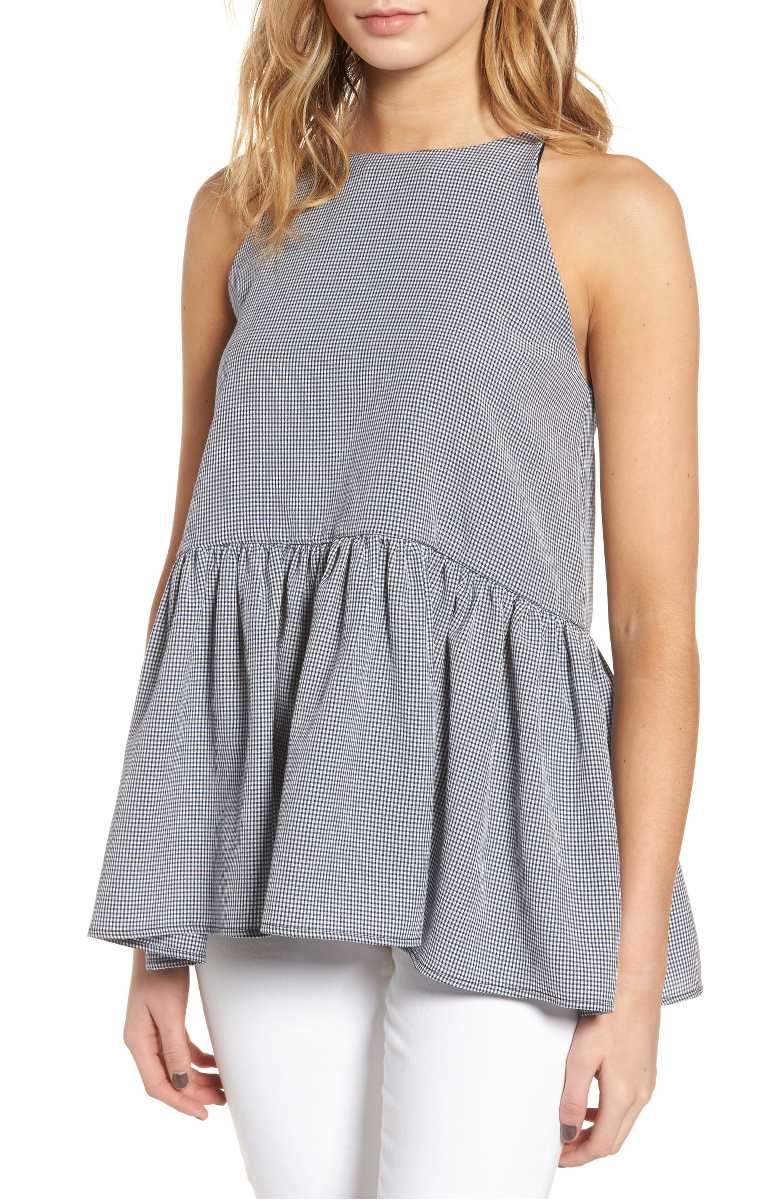 BP. Peplum Top Navy Dusk Gingham Print Ruffled