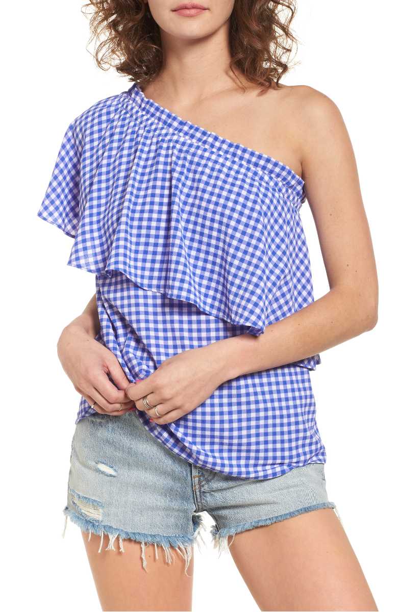BP. Ruffle One-Shoulder Top Blue Dazzle Game On Gingham Check Ruffle gingham tops summer 2017