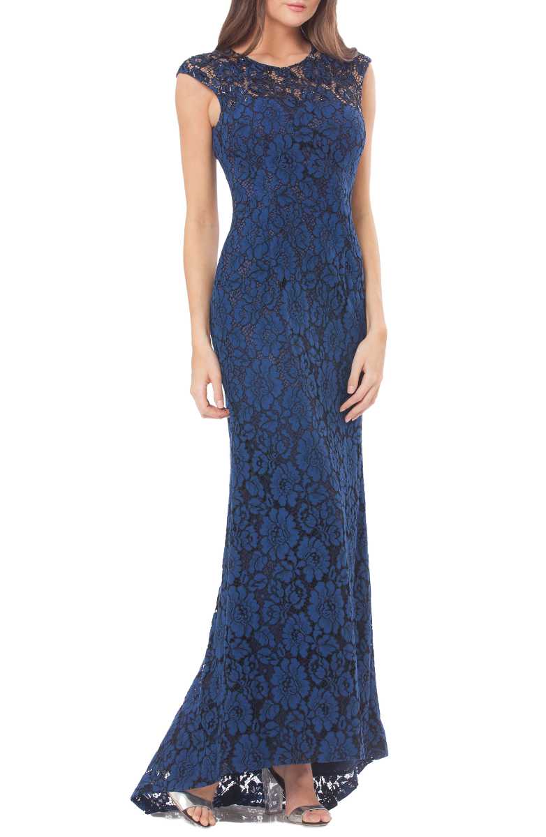 CARMEN MARC VALVO INFUSION Lace Gown with Train Navy Blue Black lace bodycon lace bodycon dresses summer wedding guest