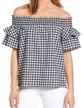 CASLON Off the Shoulder Ruffle Sleeve Top Black White Gingham Print gingham tops summer 2017