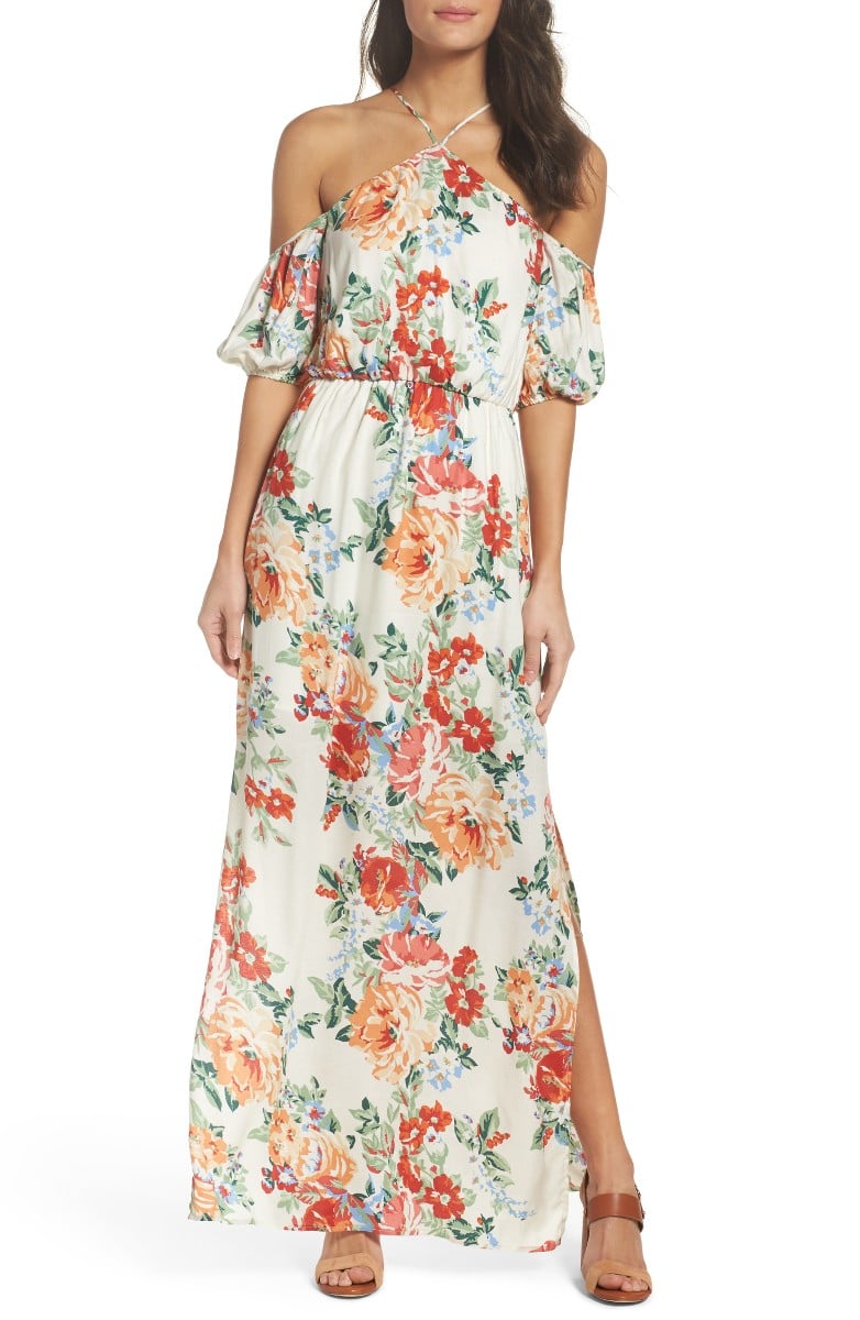 CHARLES HENRY Cold Shoulder Blouson Dress Ivory Floral Print cold shoulder dresses summer wedding guest