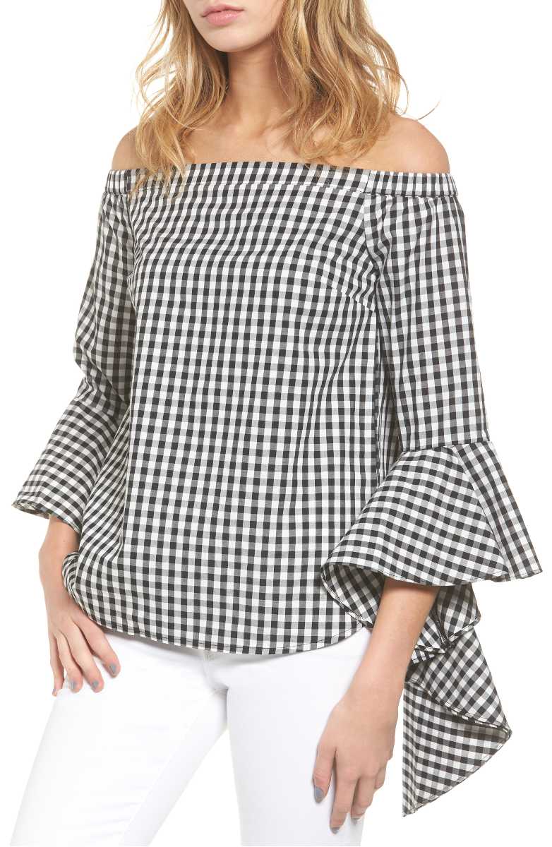 CHELSEA28 Gingham Off the Shoulder Blouse Black White Gingham Bell Sleeves gingham tops summer 2017
