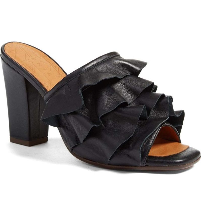 CHIE MIHARA Aikiki Ruffled Square Toe Mule Black Leather mule sandals summer 2017