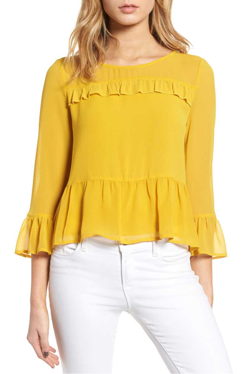 CUPCAKES AND CASHMERE Katlyn Peplum Top Saffron Yellow peplum tops summer 2017