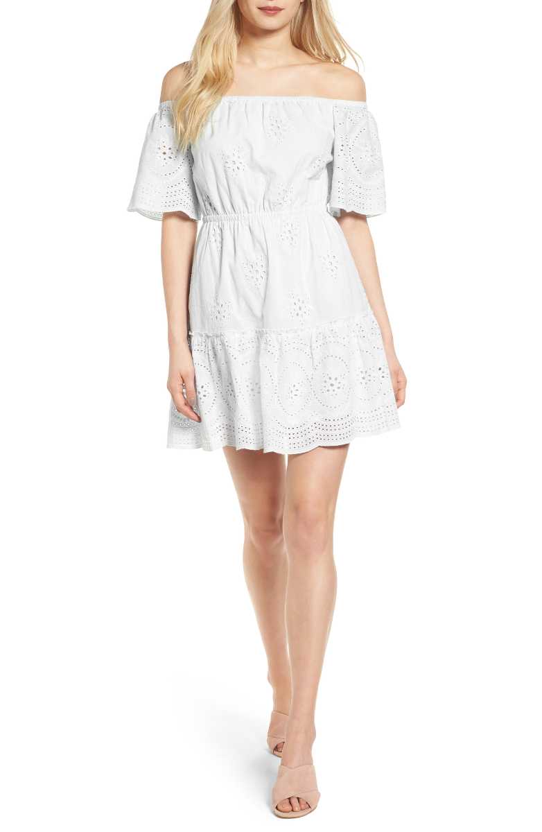 CUPCAKES AND CASHMERE Sorena Off The Shoulder Minidress White Eyelet dresses summer 2017