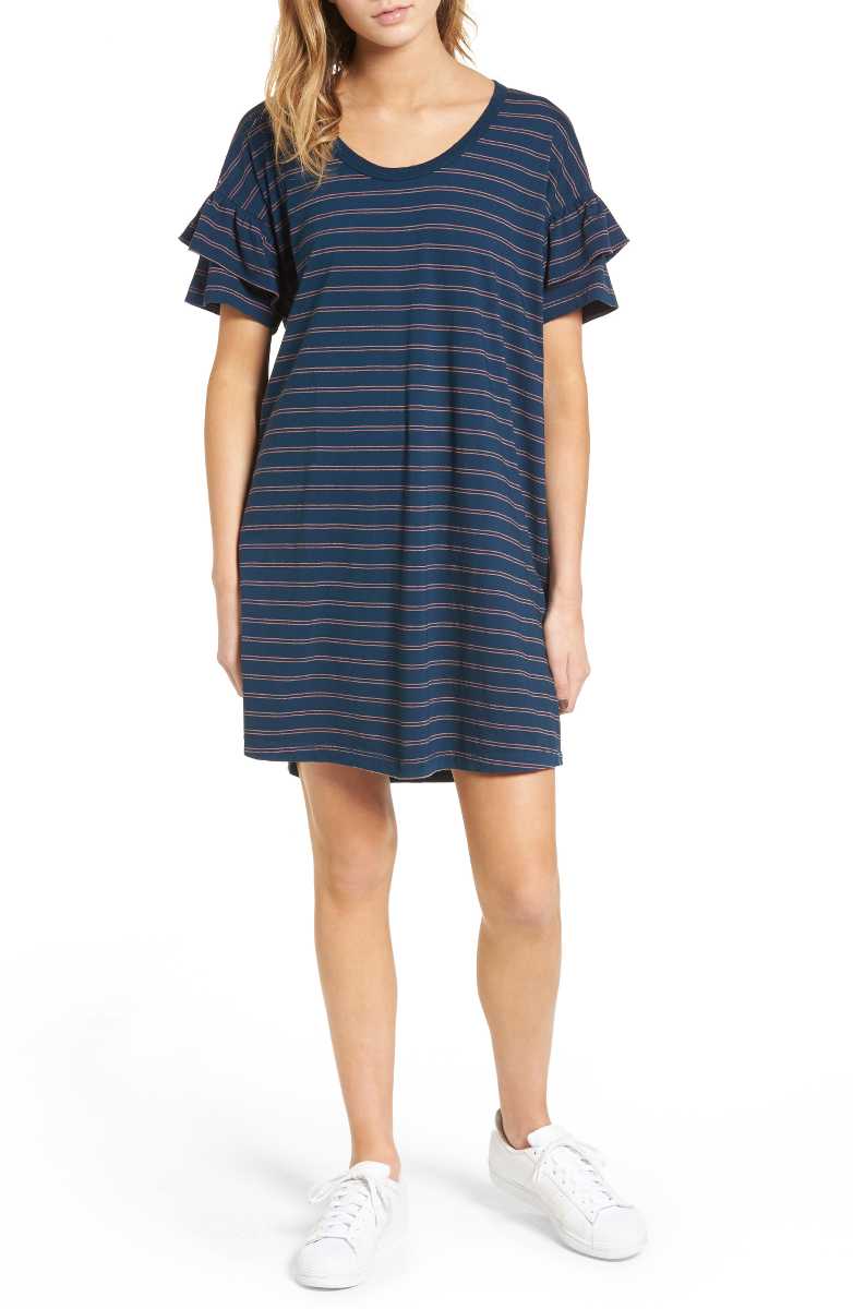 CURRENT/ELLIOTT The Ruffle Roadie Dress Blue Wing Teal Split Stripe t-shirt dresses summer 2017