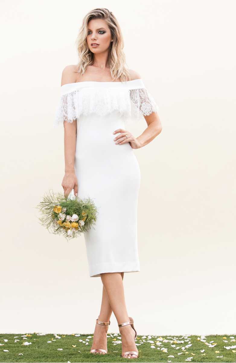 DRESS THE POPULATION Alice Midi Off The Shoulder Dress White Lace bodycon dresses summer wedding guest