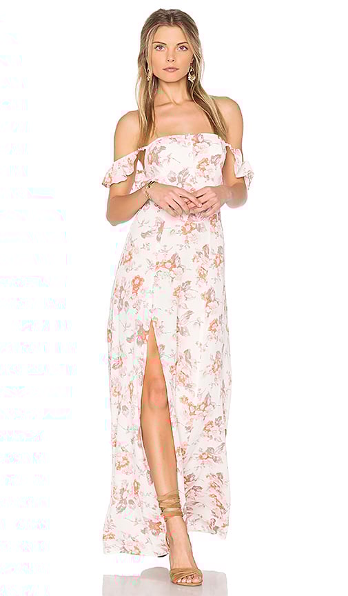 FLYNN SKYE Bardot Maxi Off The Shoulder Dress Cream Blossom Floral Print off the shoulder dresses summer wedding guest