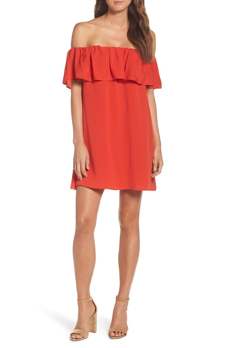 FRENCH CONNECTION Polly Plains Off The Shoulder Dress Margo Red off the shoulder dresses summer wedding guest