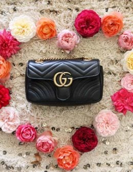 Obsessed with my Gucci GG Marmont matelassé mini bag in black and garden roses from my flower farm!