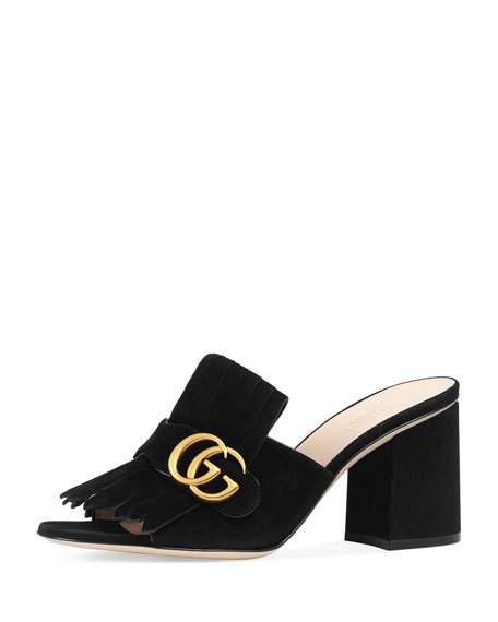 Gucci Marmont Suede Kiltie Mule Sandal Black mule sandals summer 2017