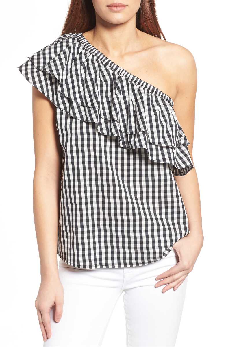 Halogen One-Shoulder Cotton Poplin Top Black White Gingham Check tops for summer 2017