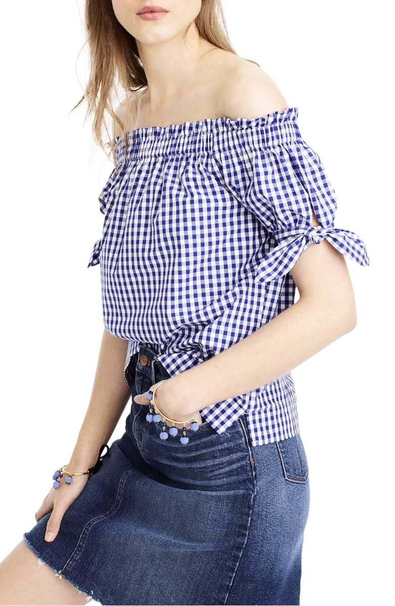 J.Crew Gingham Off the Shoulder Top Sapphire White  gingham tops summer 2017