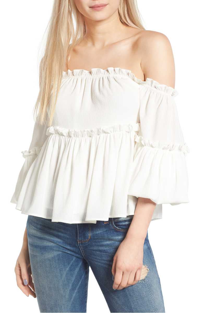 J.O.A. Ruffle Off The Shoulder Top White Peplum tops summer 2017