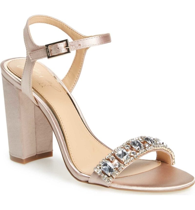 JEWEL BADGLEY MISCHKA Hendricks Embellished Block Heel Sandal Champagne Satin nordstrom